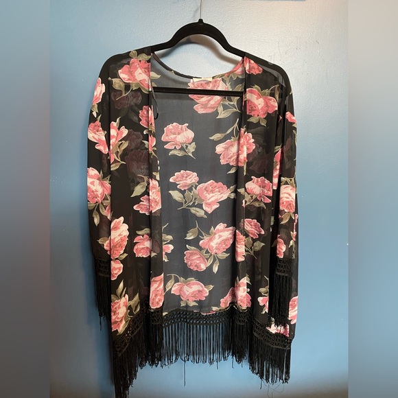 Sis 🔴 sis floral transparent kimono with fringe. Size L - Picture 1 of 4